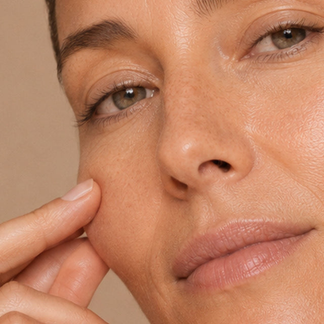 Femme à la peau mature pressant sa joue du bout du doigt, fermeté et densité de la peau