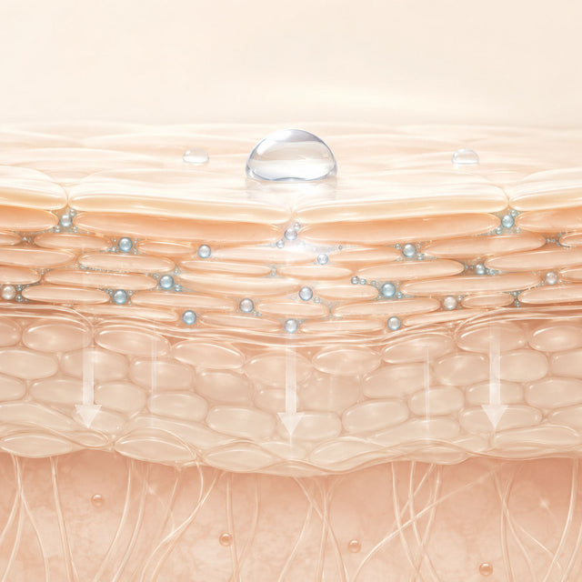 Illustration en coupe de la peau, cellules et gouttes d'eau, facteurs naturels d'hydratation NMF