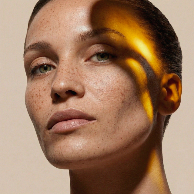 Visage d'une femme au teint nu traversé d'un rayon de lumière dorée