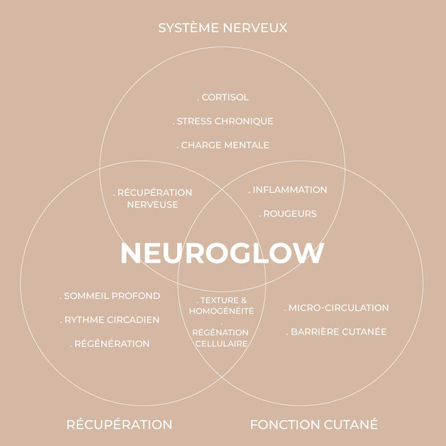 Schéma Neuroglow en trois cercles reliant système nerveux, récupération et fonction cutanée