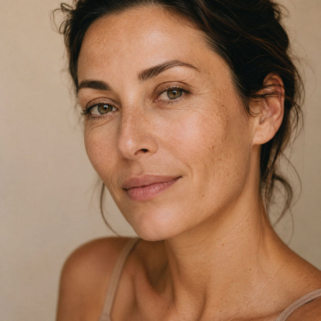 Portrait d'une femme brune à la peau mature, taches pigmentaires discrètes sur les joues