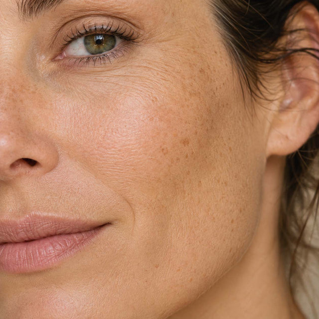 Demi-visage d'une femme mature, taches de rousseur et pigmentation sur la joue, sourire discret