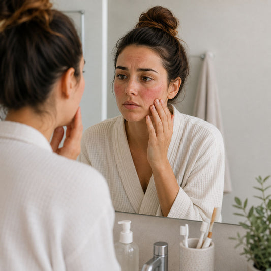 Femme en peignoir examinant les rougeurs de ses joues dans le miroir, signes d'inflammation cutanée