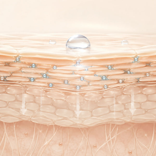 Illustration en coupe de la peau, cellules et gouttes d'eau, facteurs naturels d'hydratation NMF
