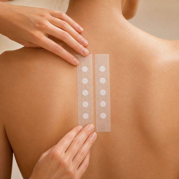 Mains appliquant deux bandes de patch test à pastilles sur le haut du dos