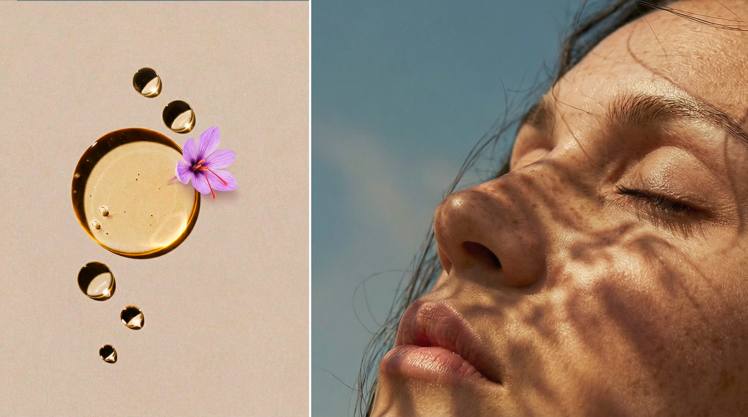 Illustration du diagnostic de peau Just avant. montrant un visage féminin en lumière naturelle et des éléments sensoriels, évoquant une approche personnalisée de l’analyse du visage.