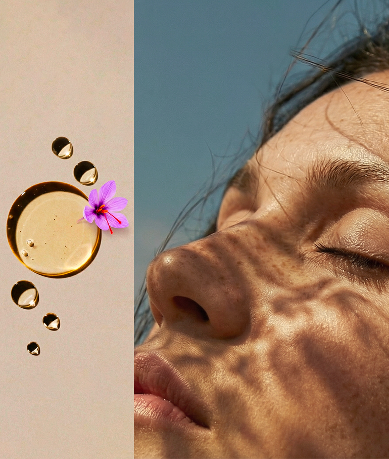 Illustration du diagnostic de peau Just avant. montrant un visage féminin en lumière naturelle et des éléments sensoriels, évoquant une approche personnalisée de l’analyse du visage.