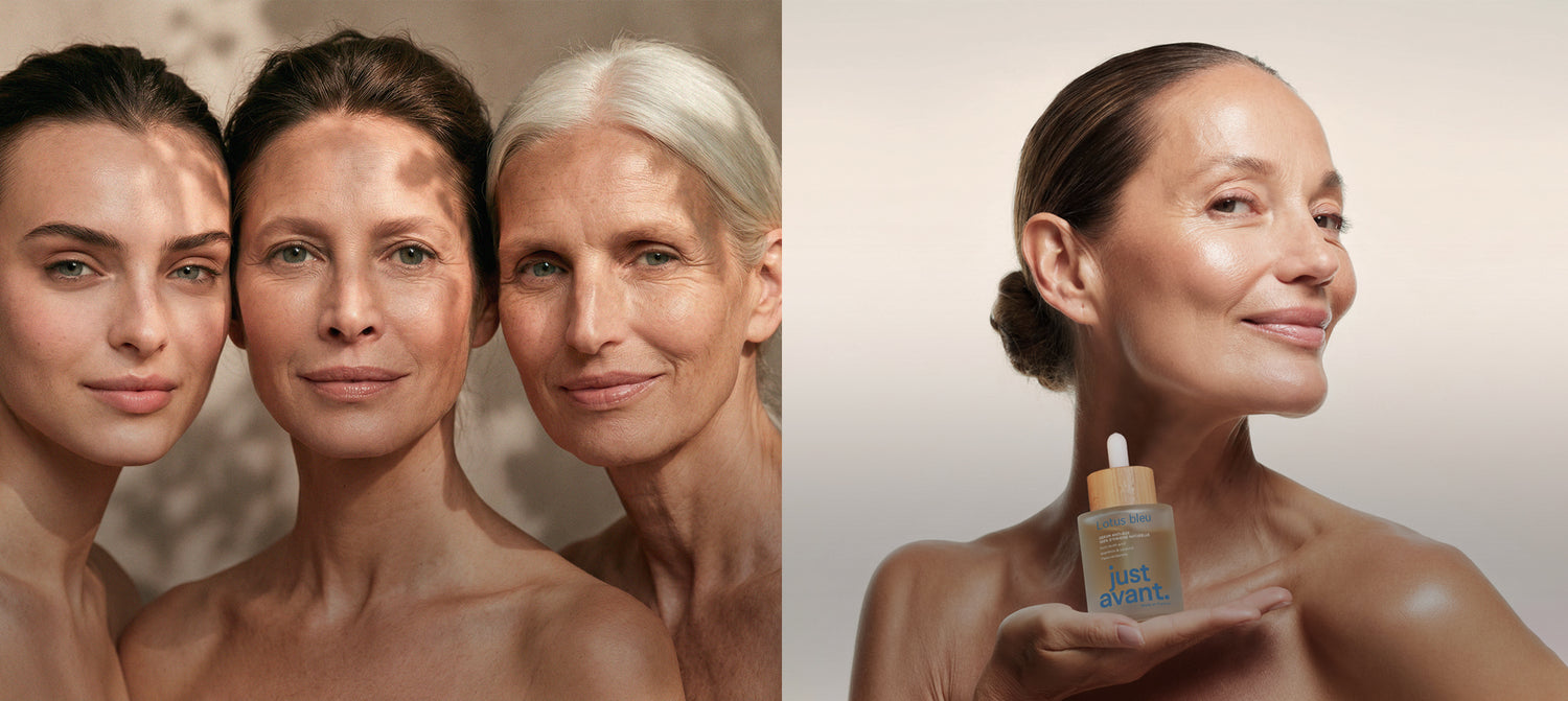 Femmes de générations différentes et sérum Lotus bleu Just avant., illustrant une approche de la beauté naturelle, consciente et respectueuse de la peau à chaque âge.