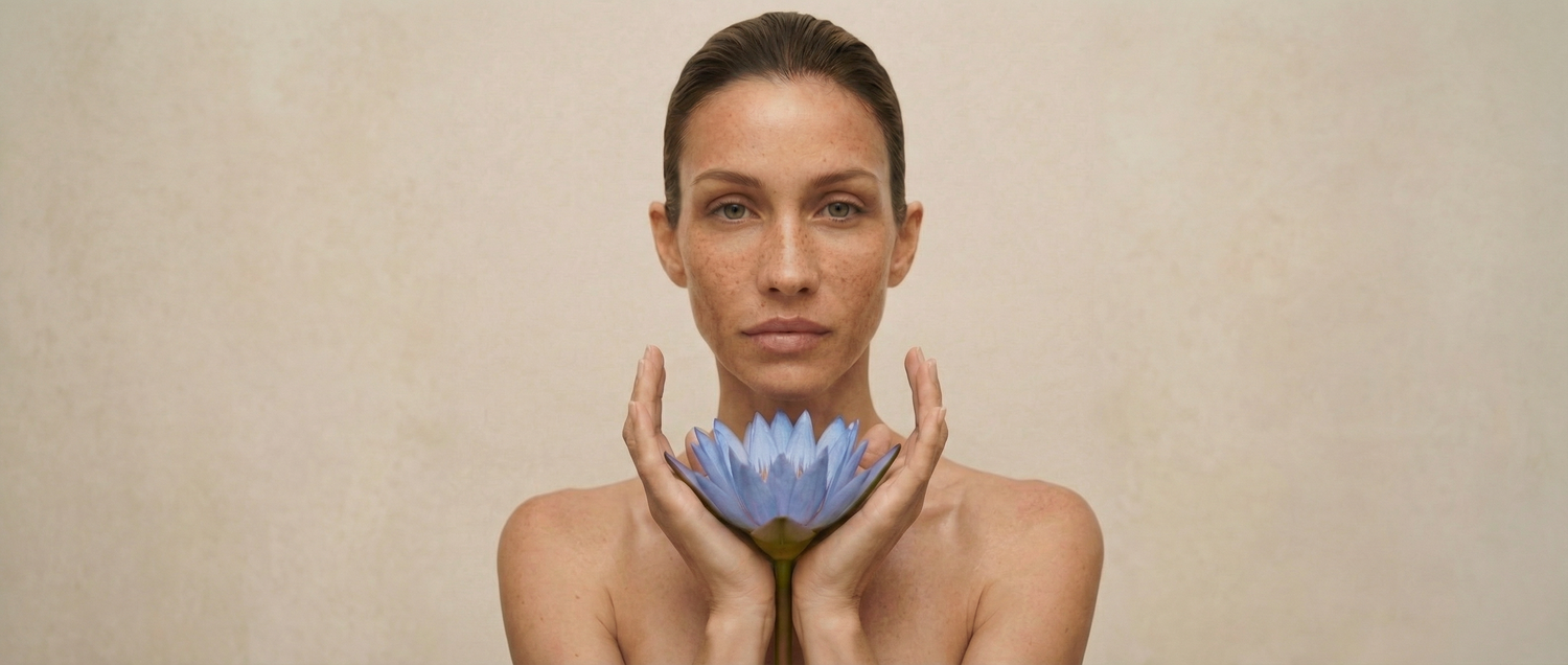 Femme tenant un lotus bleu entre ses mains, symbole d’une beauté holistique, naturelle et consciente au cœur de la mission de Just avant.
