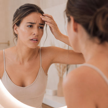 Femme examinant sa peau dans le miroir d'un air soucieux, main posée sur le front