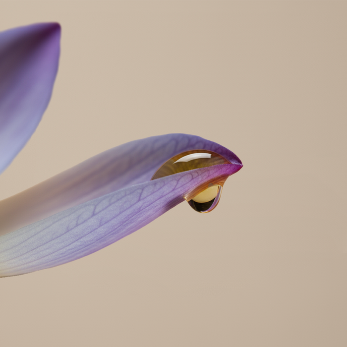 Goutte d’huile cosmétique sur pétale de lotus bleu, illustrant l’actif botanique clé du sérum Just avant.