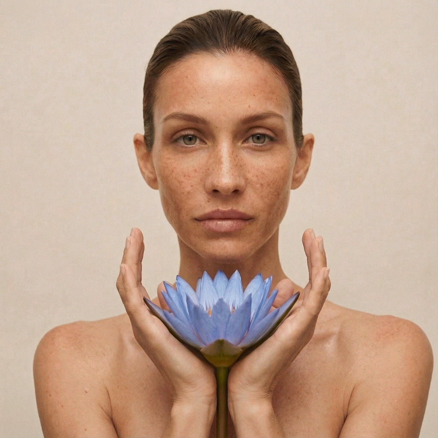Femme tenant un lotus bleu entre ses mains, illustrant le lien entre cette fleur emblématique, la peau et les rituels de soin en clean beauty.