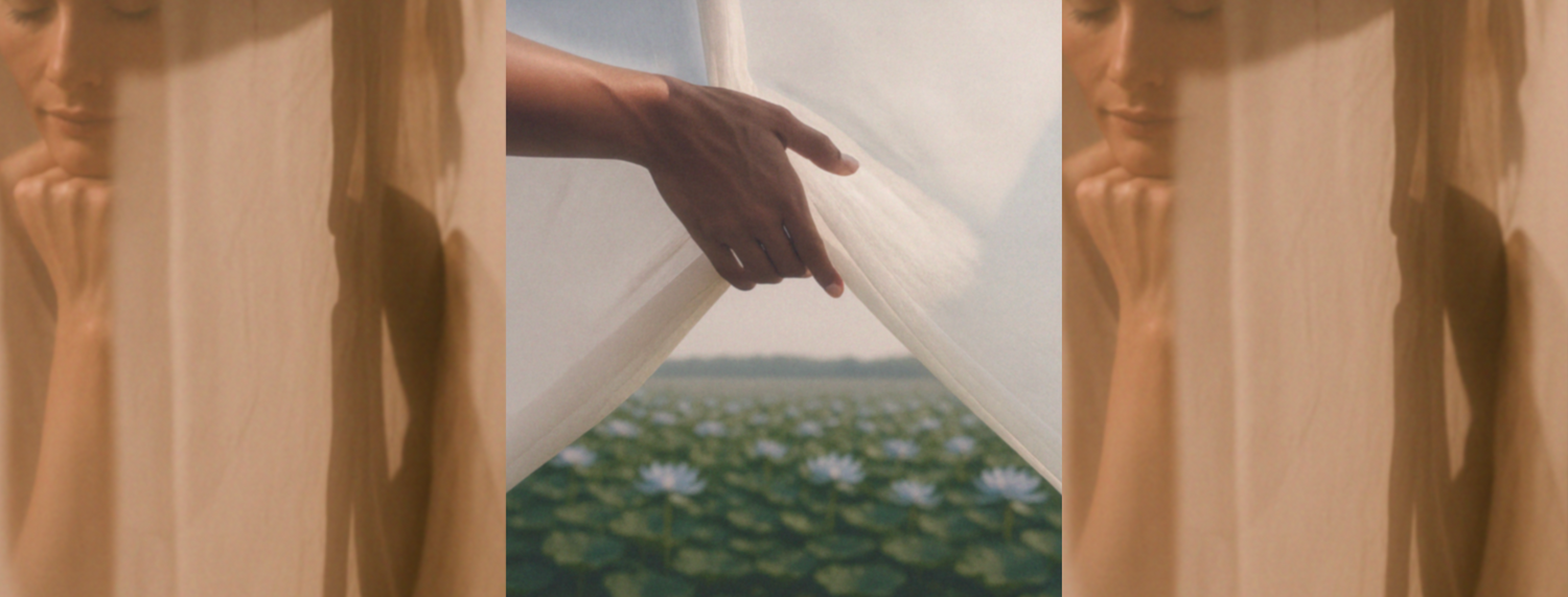 Triptyque poétique illustrant l’origine de Just avant., avec un voile délicat, un geste lent et un champ de lotus, symboles d’un rituel de beauté inspiré par la nature et le temps long
