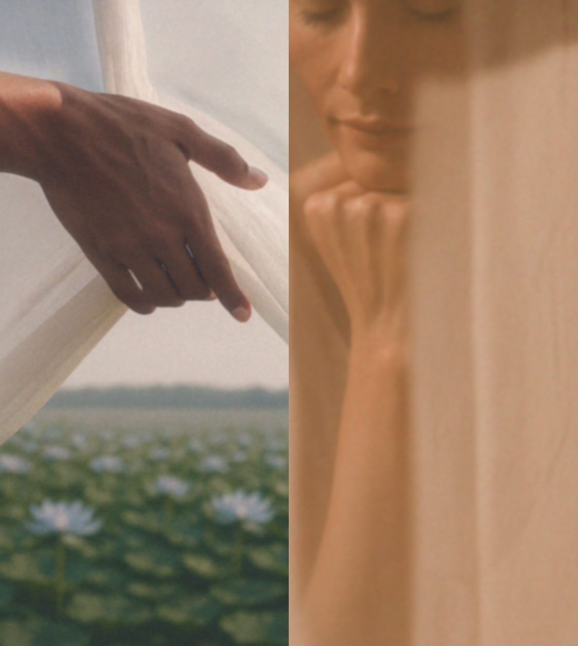 Scène poétique représentant l’origine de Just Avant., avec un geste délicat à travers un voile et un champ de lotus en arrière-plan, symbolisant la naissance d’un rituel de beauté apaisant
