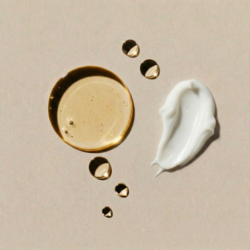 Textures cosmétique huile et crème illustrant l’approche de formulation naturelle, équilibrée et sensorielle de Just avant.